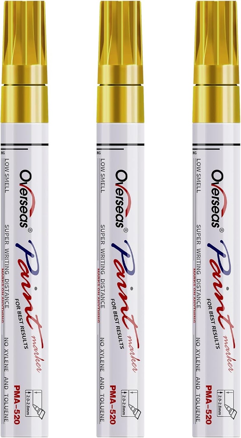 Overseas Permanent Paint Markers Pens - 3 Pack Gold Oil Based Paint Pens, Medium Tip, Quick Drying and Waterproof Marker Pen for Metal, Rock, Wood, Fabric, Plastic, Canvas, Mugs, Stone, Glass - Image 1